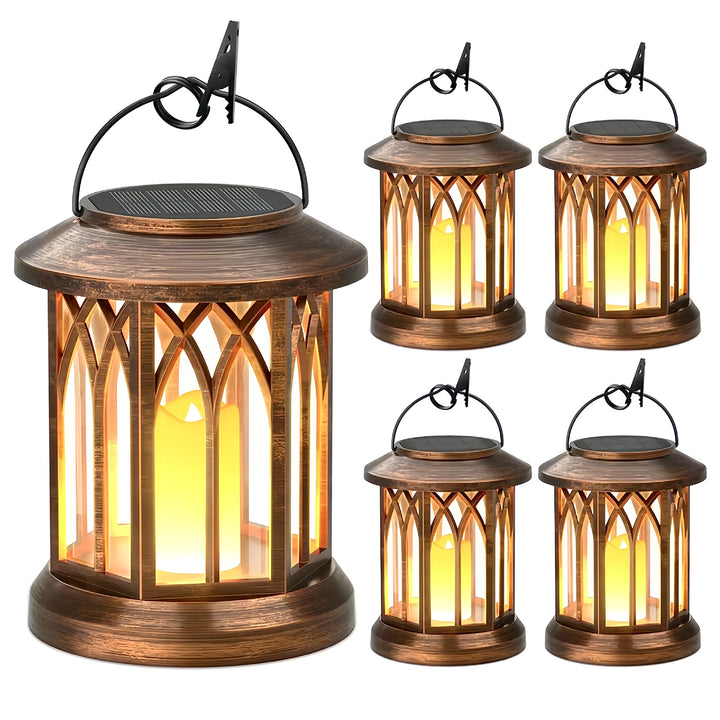 Solarbetriebene hängende LED-Laterne Set mit flackernder flameless Kerze und Metallclip-Haken