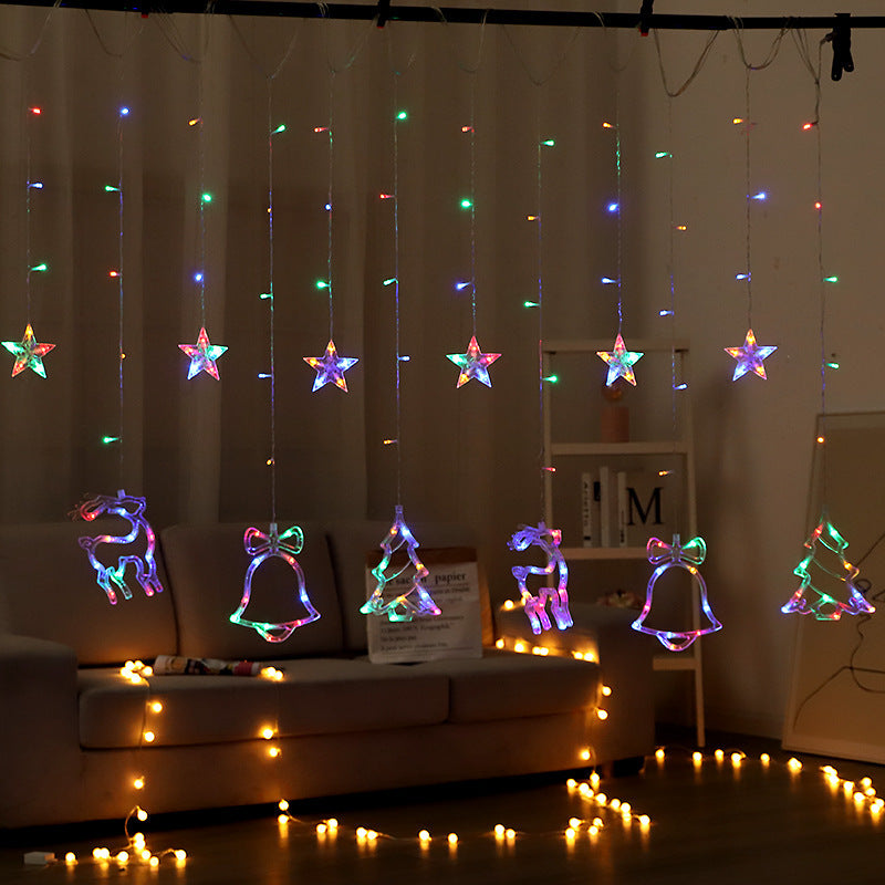 Festliche LED Vorhang Lichterkette mit hängendem Stern-Glockenbaum und Rentier-Ornamenten