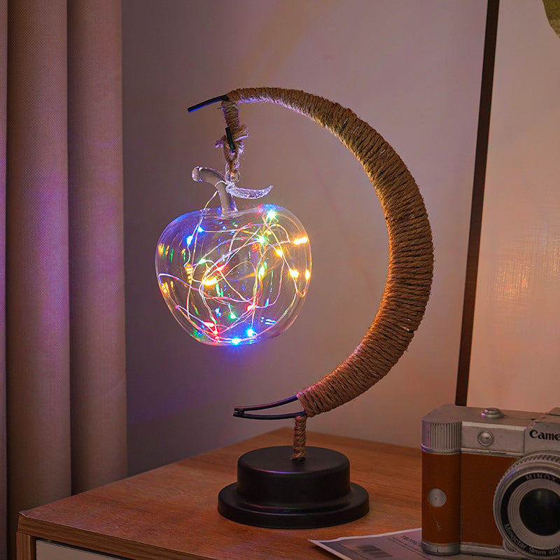 Dekorative Glas-Apfel-LED-Tischlampe mit Mondform-Seilumwickelständer