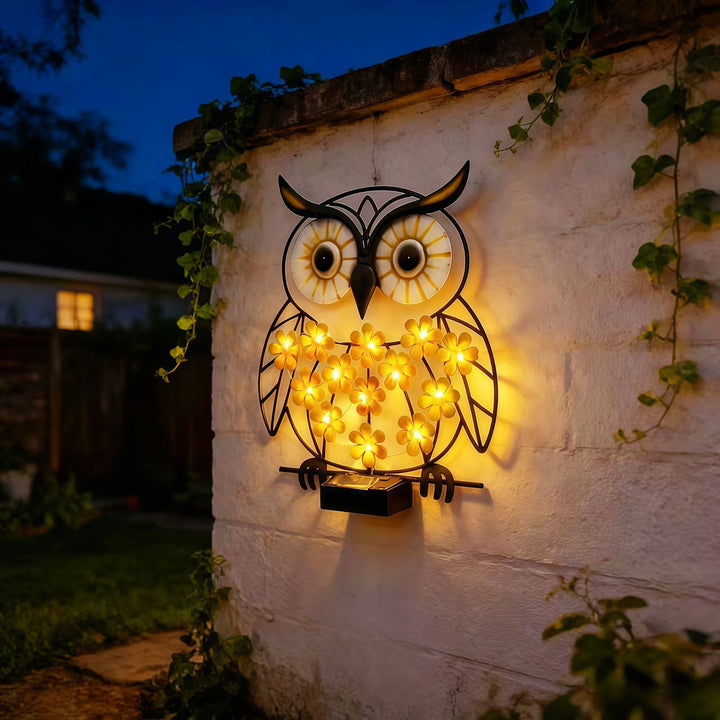 Metall Eule Wandkunst mit solarbetriebenen LED-Blumenlichtern und Eisenrahmen