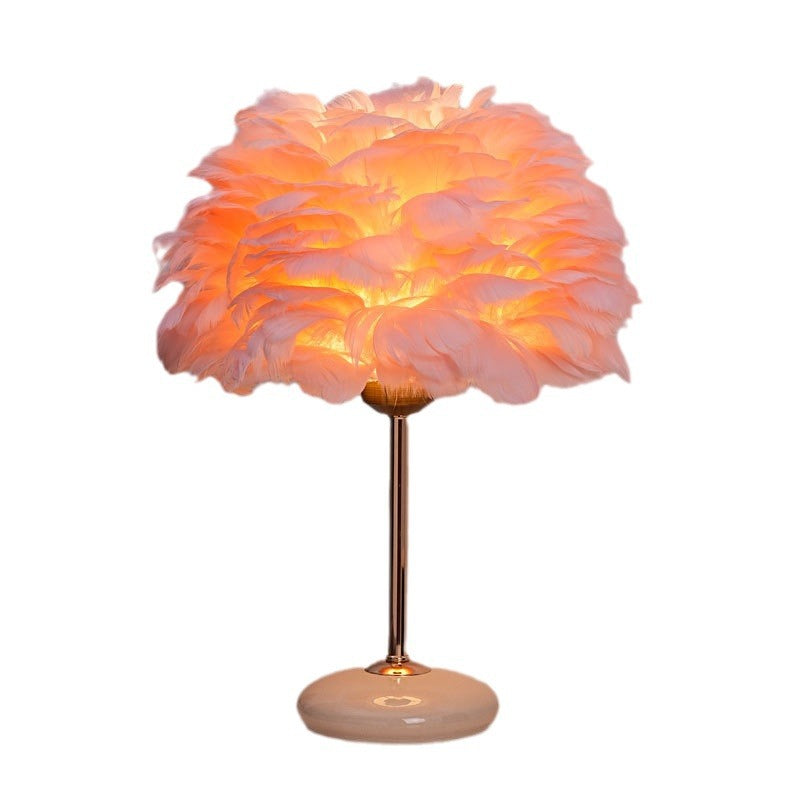 Feder Schirm Tischlampe mit Keramikbasis und poliertem Metallstange