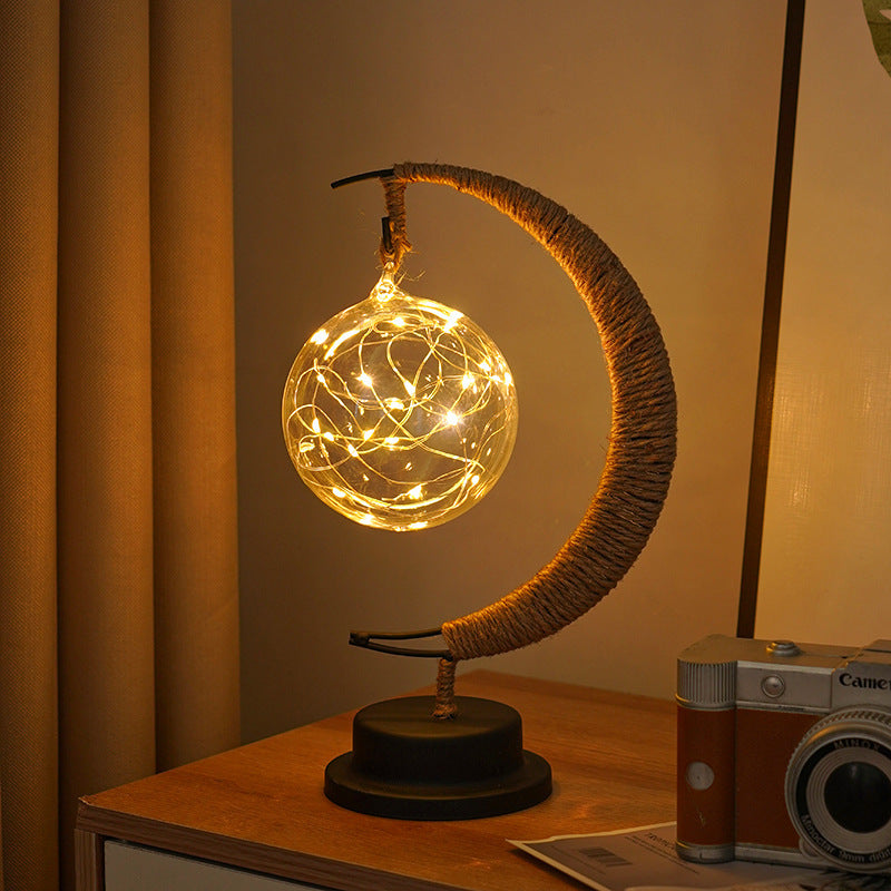 Dekorative Glas-Apfel-LED-Tischlampe mit Mondform-Seilumwickelständer