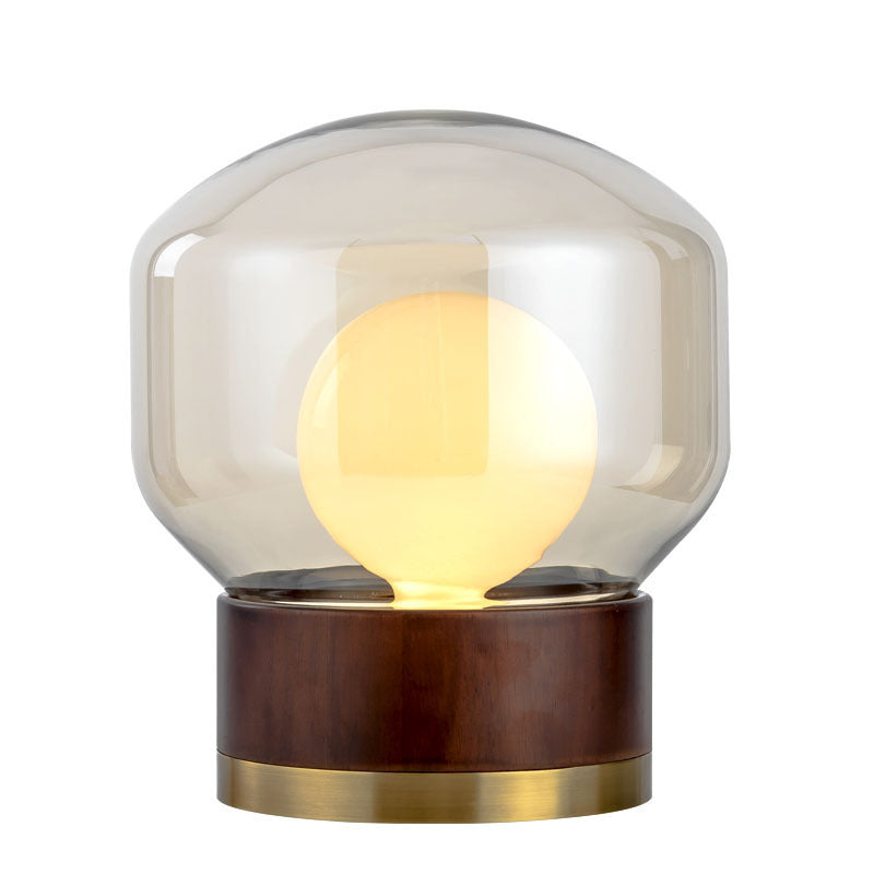 Moderne Glas Tischlampe mit Holzfuß und Goldakzenten