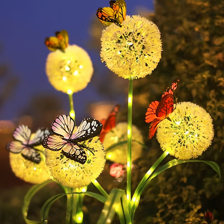 Dekorative Solar-LED-Gartenlöwenzahnstecklichter mit Schmetterlingsakzenten