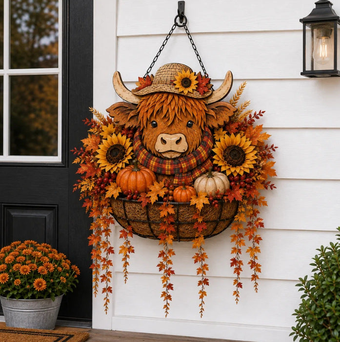 Herbsthängende Veranda-Basket-Dekoration mit Highland Cow Gesicht Sonnenblumen Kürbisse und LED-Fee-Lichter