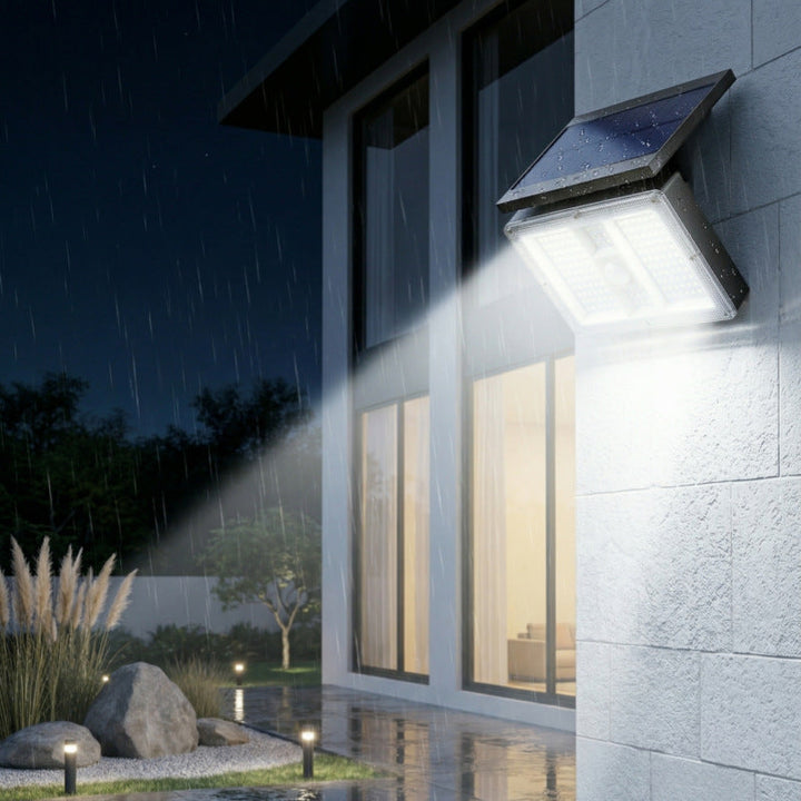 Hochleistungs-Solar-Bewegungsmelder-LED-Sicherheitswandlampe mit verstellbarem Solarpanel und Weitwinkel-Flutstrahler