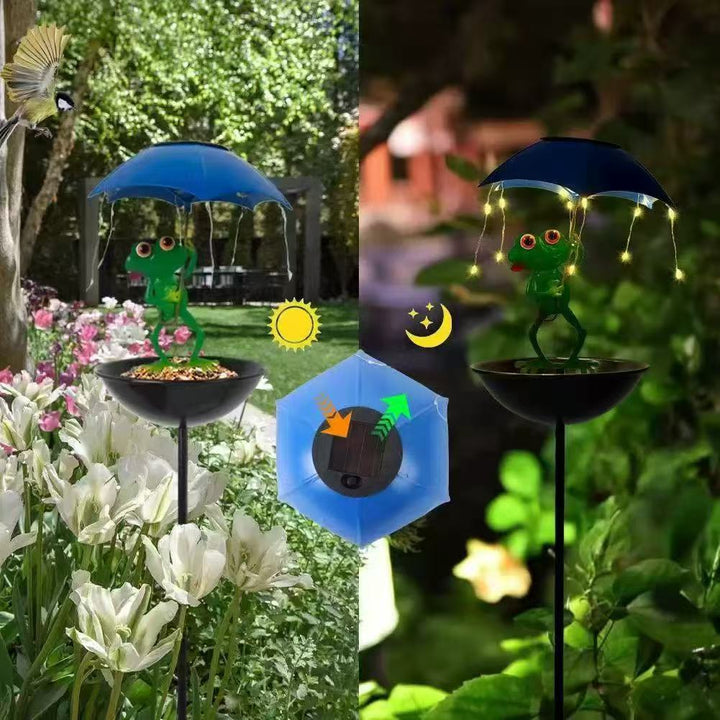 Dekorativer Garten-Vogelhaus-Stecker mit schützendem Regenschirm und verspielter Froschverzierung