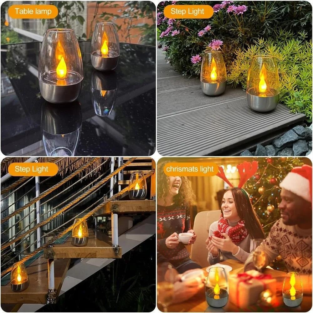 LED flammenlose Glas Teelichtlaterne Paar mit realistischem Flackerflame und Metallbasis