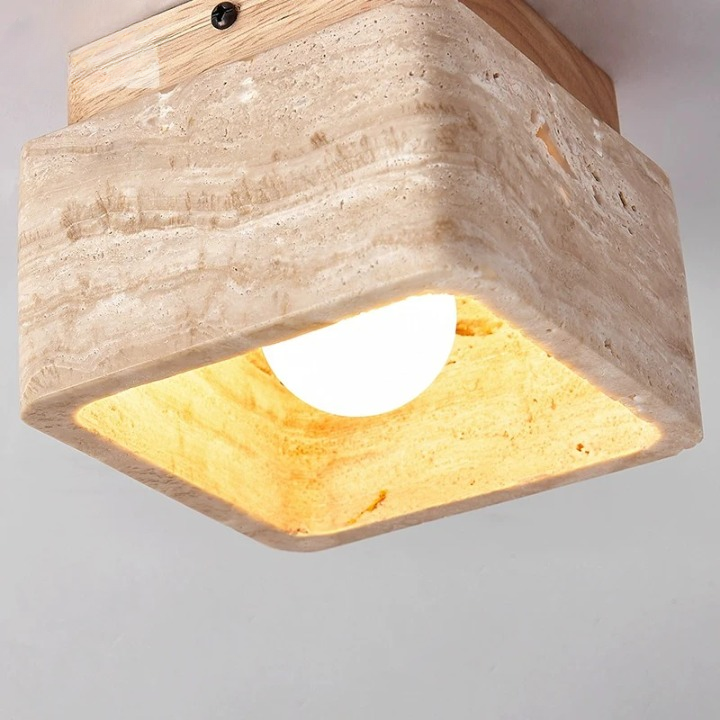 Quadratische Travertin- und Holz-LED-Deckenleuchte