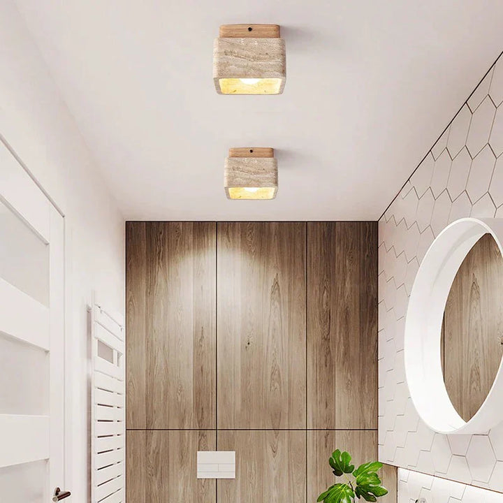 Quadratische Travertin- und Holz-LED-Deckenleuchte