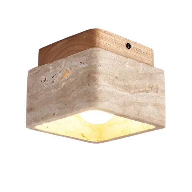 Quadratische Travertin- und Holz-LED-Deckenleuchte