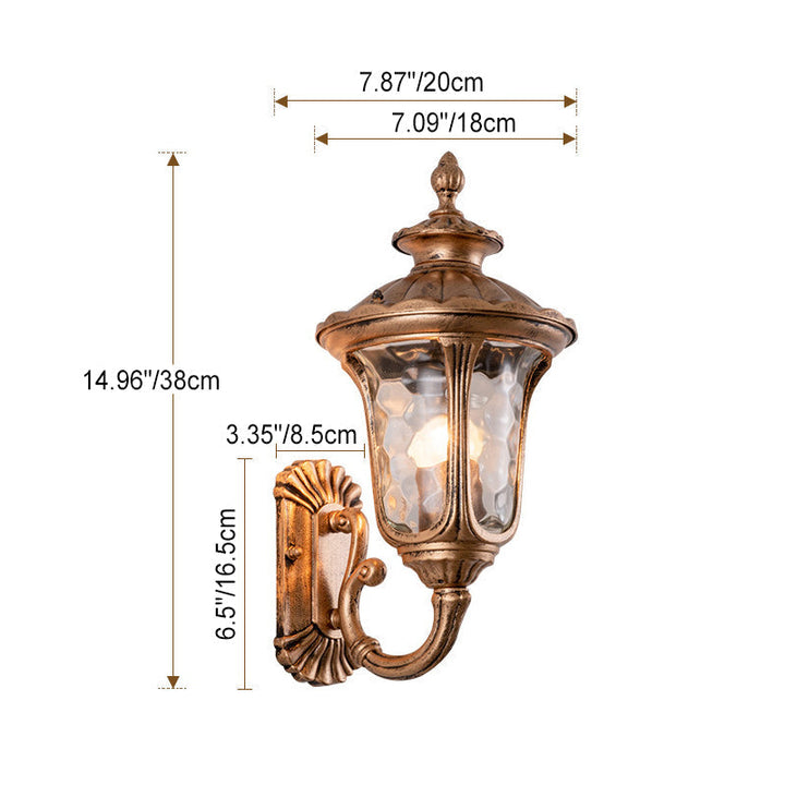Traditionelle europäische wasserdichte kastellförmige Aluminium-Glas 1-Licht Außenwandleuchte für den Garten