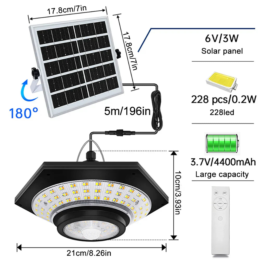 228 LED Solar Deckenleuchte | 360° Lichtwinkel | Mit Fernbedienung & Bewegungsmelder | 4400mAh Batterie