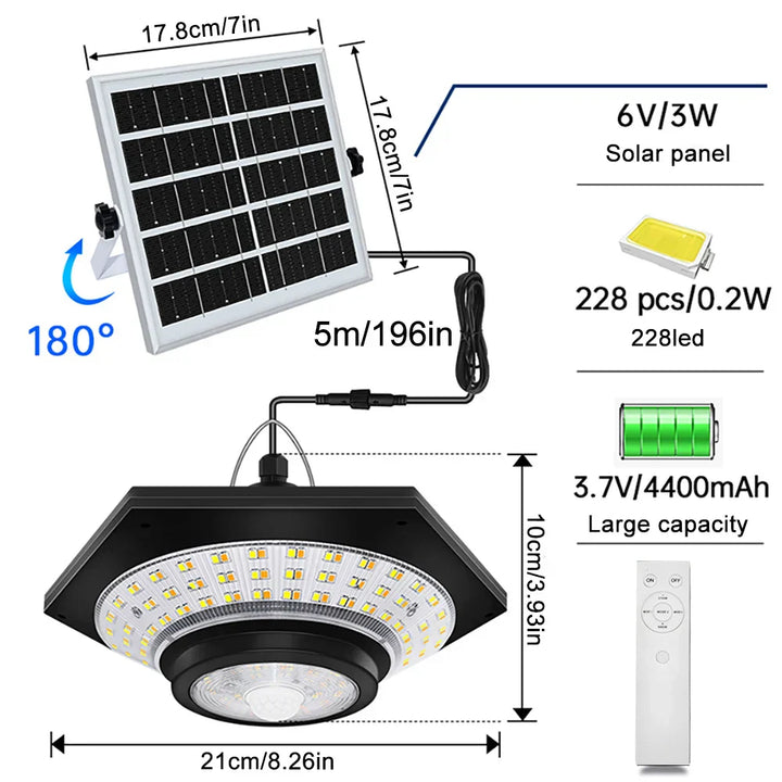 228 LED Solar Deckenleuchte | 360° Lichtwinkel | Mit Fernbedienung & Bewegungsmelder | 4400mAh Batterie