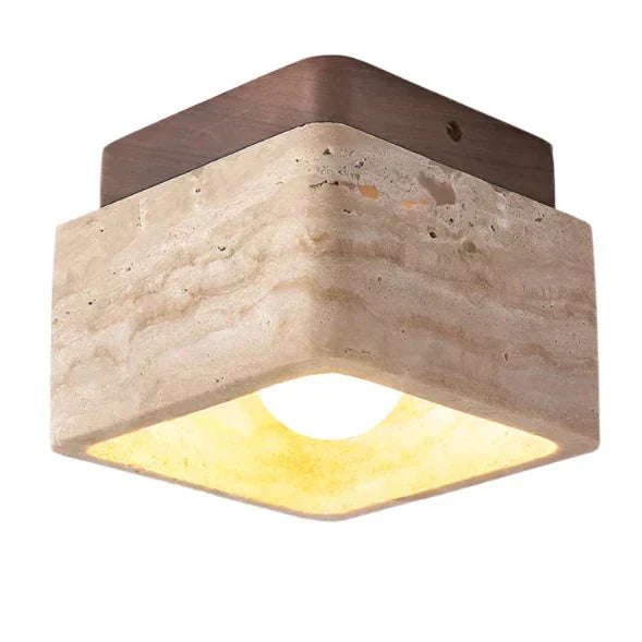 Quadratische Travertin- und Holz-LED-Deckenleuchte