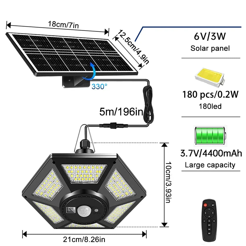 228 LED Solar Deckenleuchte | 360° Lichtwinkel | Mit Fernbedienung & Bewegungsmelder | 4400mAh Batterie