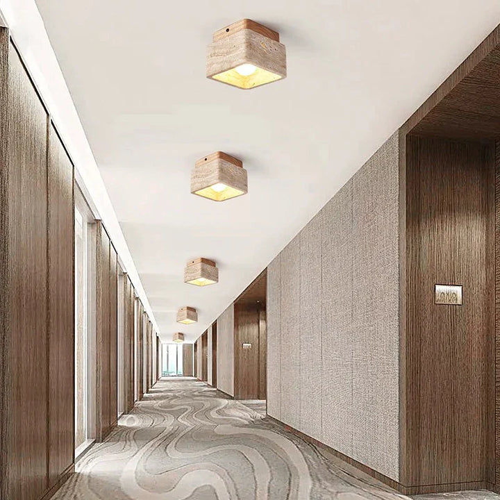 Quadratische Travertin- und Holz-LED-Deckenleuchte