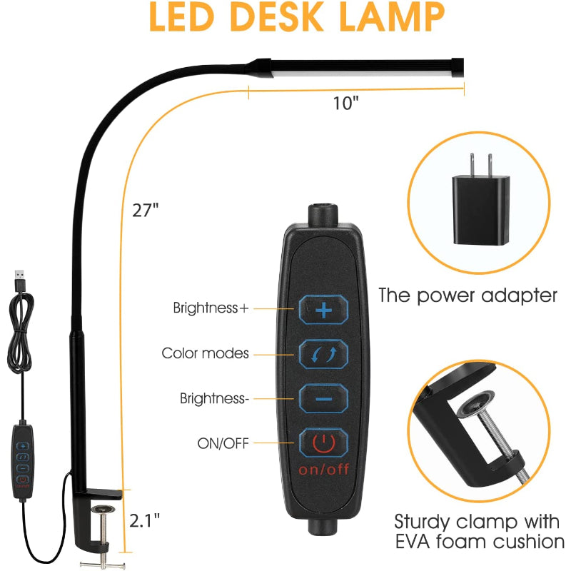 LED Schreibtischlampe mit Lampe, augenfreundliche Clamp-On Lichter für das Home Office, 3 Modi 10 Helligkeitsstufen, langer flexibler Schwanenhals, Metall, Schwenkarm Architekten-Arbeitsplatzlampen mit USB-Adapter, Weiß