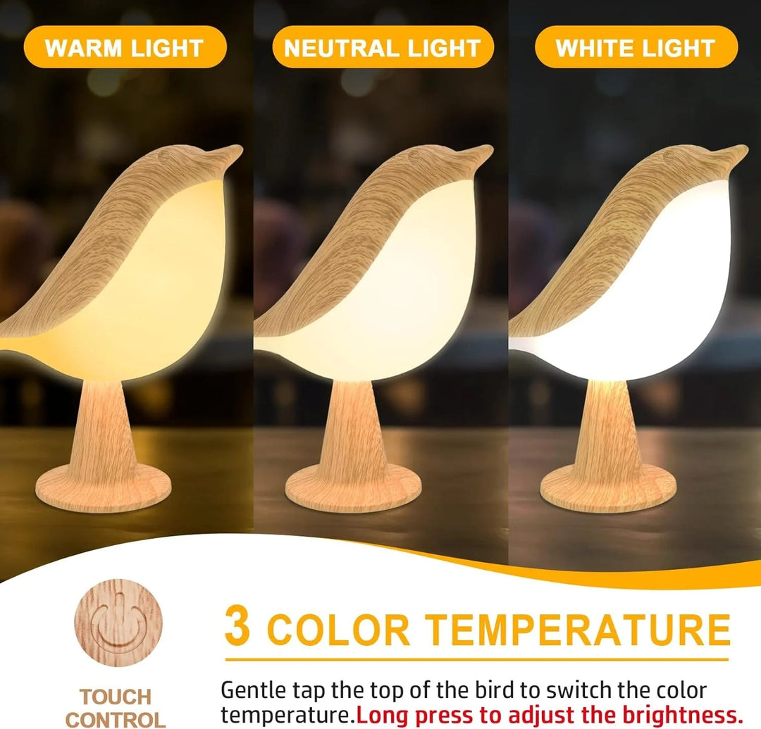 Touch-Control Holz Vogel Nachtlicht - Aufladbare LED Nachttischlampe